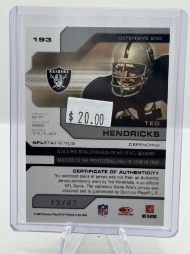 2007 Leaf Limited #193 Ted Hendricks Patch Oakland Raiders 13/83