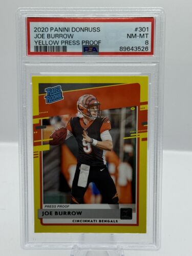 2020 Panini Donruss Rated Rookie Yellow Press Proof #301 Joe Burrow PSA 8