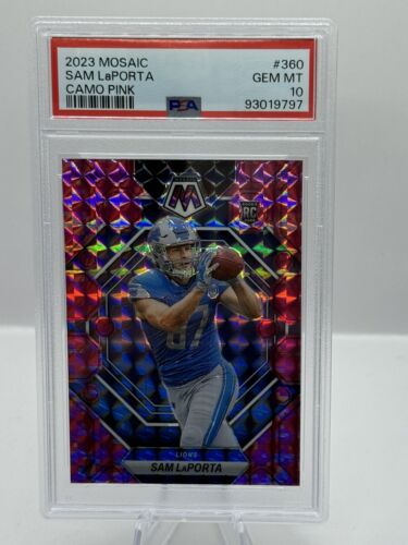 2023-24 Panini Mosaic Camo Pink Prizm RC #360 Sam LaPorta Detroit Lions PSA 10